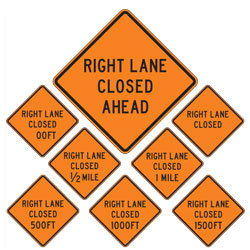 Right Lane Closed (Choose Distance) Warning Signs for Temporary Traffic Control